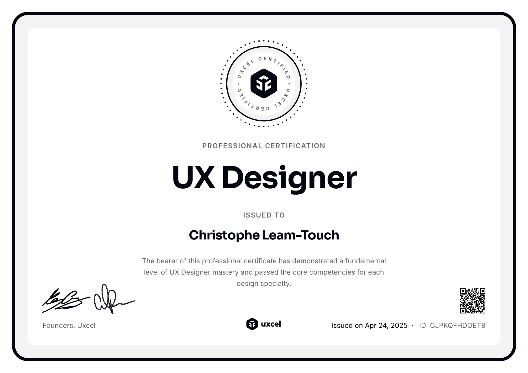 Christophe Leam-Touch's certificate